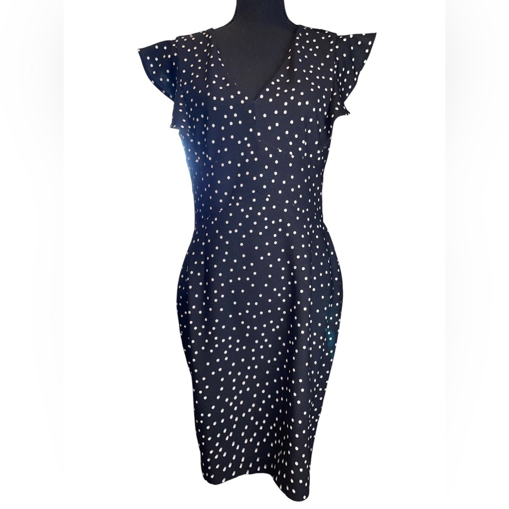 NWT DKNY black and white polka dot dress ruffle arms midi dress